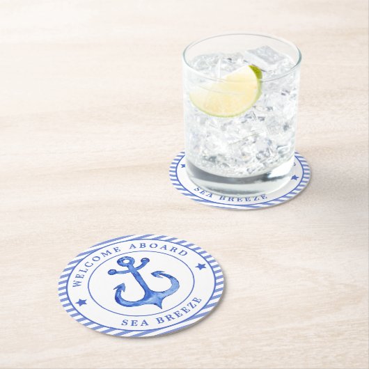 航海のいかり&ネイビーストライプのルw.ボート名 ラウンドペーパーコースター (インサイチュ)