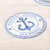 航海のいかり&ネイビーストライプのルw.ボート名 ラウンドペーパーコースター (アングル)