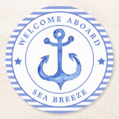 航海のいかり&ネイビーストライプのルw.ボート名 ラウンドペーパーコースター (正面)