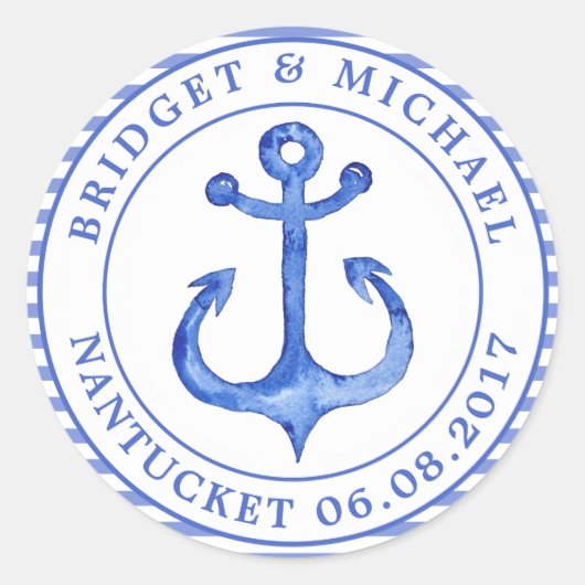 航海のいかり – ネイビーブルーストライプのパーソナライズされた ラウンドシール (正面)