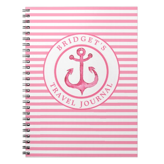 航海のいかり – ピンクのストライプフォトノートブック ノートブック (正面)