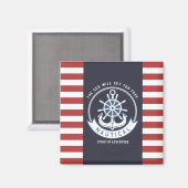 航海のいかり、ホイール、ネイビーブルー、レッドストライプ マグネット (正面/裏面)