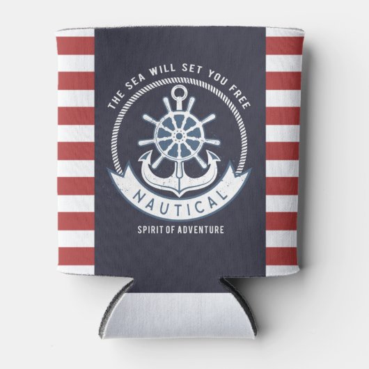航海のいかり、ホイール、ネイビーブルー、レッドストライプ 缶クーラー (正面)