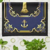 航海のいかり・ライトハウス黒塗り・金ゴールド・ブルー キッチンタオル (折り畳み)