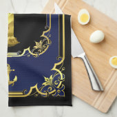 航海のいかり・ライトハウス黒塗り・金ゴールド・ブルー キッチンタオル (四つ折り)