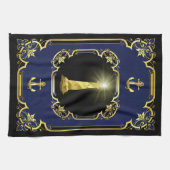 航海のいかり・ライトハウス黒塗り・金ゴールド・ブルー キッチンタオル (横)