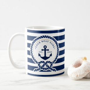 航海のいかり&ロープボート名ネイビーブルー&ホワイト コーヒーマグカップ