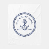航海のいかり&ロープボート名ネイビーブルー&ホワイト フリースブランケット (正面)