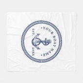 航海のいかり&ロープボート名ネイビーブルー&ホワイト フリースブランケット (正面(横))