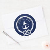 航海のいかり&ロープボート名ネイビーブルー&ホワイト ラウンドシール (封筒)