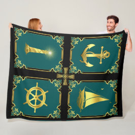 航海のいかり/帆船車輪/灯台/クレティックX フリースブランケット