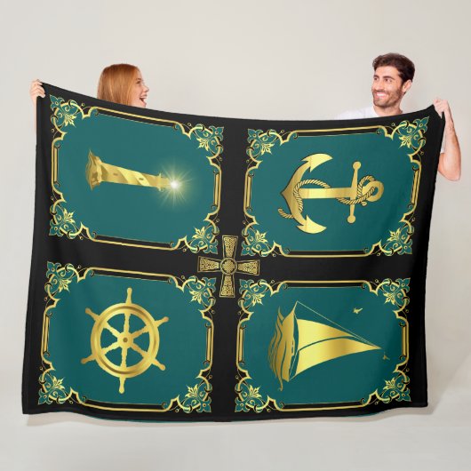 航海のいかり/帆船車輪/灯台/クレティックX フリースブランケット (インサイチュ)