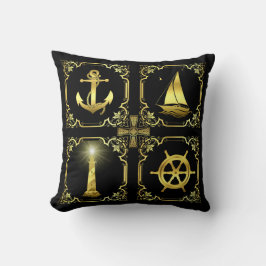 航海のいかり/帆船/車輪/灯台金ゴールド クッション