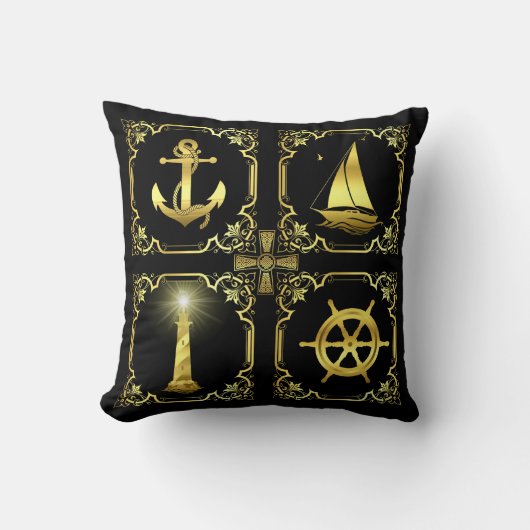 航海のいかり/帆船/車輪/灯台金ゴールド クッション (正面)