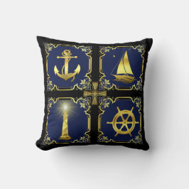 航海のいかり/帆船/車輪/灯台金ゴールド/ブルー クッション