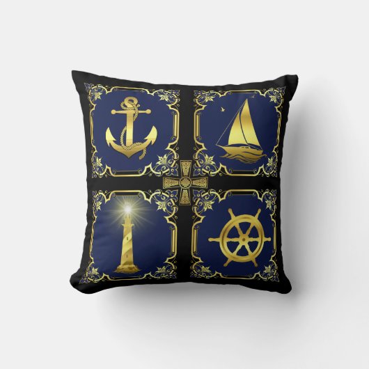 航海のいかり/帆船/車輪/灯台金ゴールド/ブルー クッション (正面)