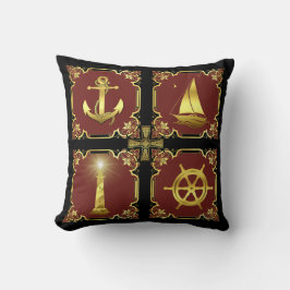 航海のいかり/帆船/車輪/灯台金ゴールド/赤 クッション