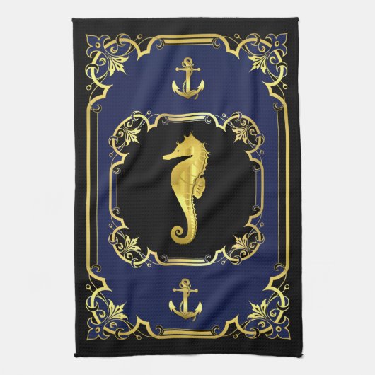 航海のいかり・水馬ギルド黒・金ゴールド・青 キッチンタオル (縦)