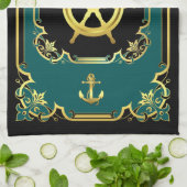 航海のいかり/船車ギルドブラック/金ゴールド/アクア キッチンタオル (折り畳み)