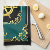 航海のいかり/船車ギルドブラック/金ゴールド/アクア キッチンタオル (四つ折り)