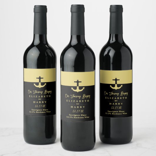 航海のいかり – 黒金ゴールド-ビーチ結婚式 ワインラベル (ボトル)