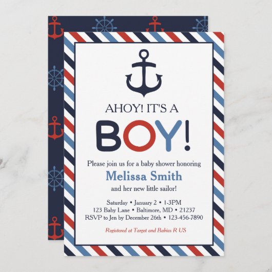 航海のお知らせ 男の子の海事ベイビーシャワー招待状 招待状 (正面/裏面)