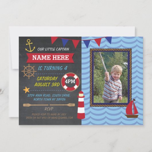 航海のお誕生日パーティー写真 航海士 船 招待状 (正面)