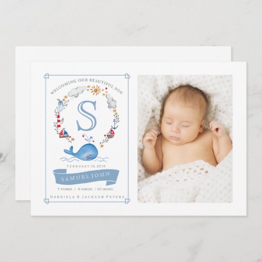 航海のかわいいクジラ | 誕生発表 案内状 (正面/裏面)