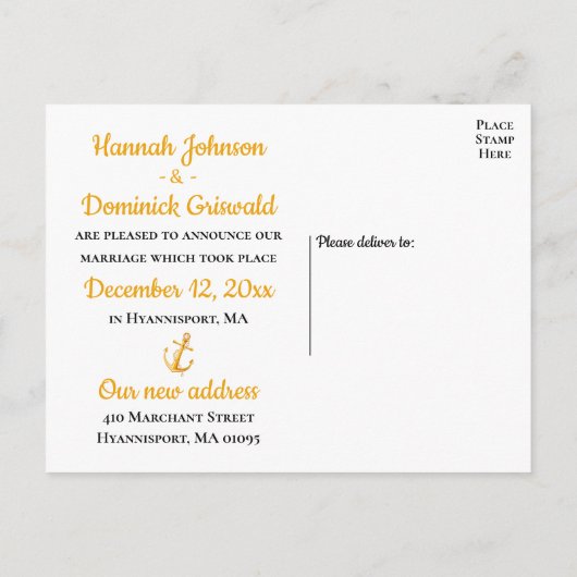 航海のたった今結婚しました金ゴールドいかりビーチ結婚式 案内ポストカード (裏面)