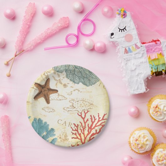 航海のでカリブのなヒトデの素朴な地図および珊瑚 ペーパープレート (パーティー)