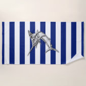 航海のでストライプな装飾のマカジキの魚釣りの銀 ビーチタオル (正面)