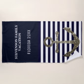 航海のでフェイクなグリッターの家族休暇の青いいかり ビーチタオル (正面)