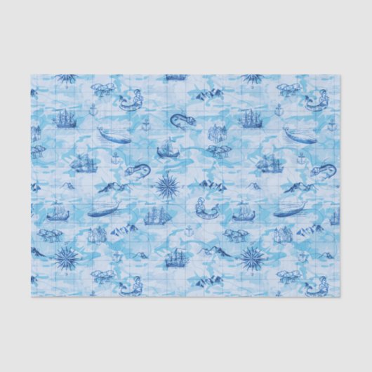 航海ので旧式な地図の海モンスターの船のいかりの青 薄葉紙 (正面)