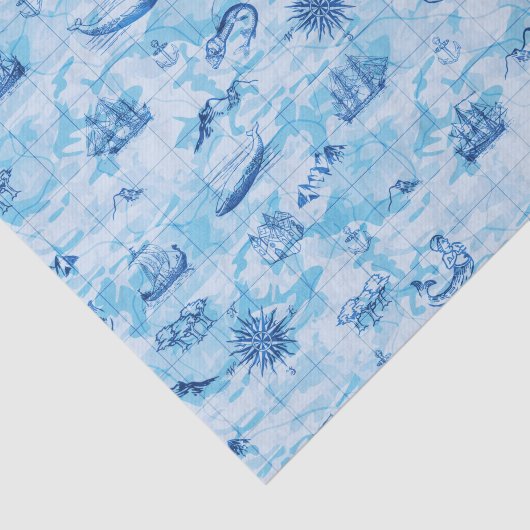 航海ので旧式な地図の海モンスターの船のいかりの青 薄葉紙