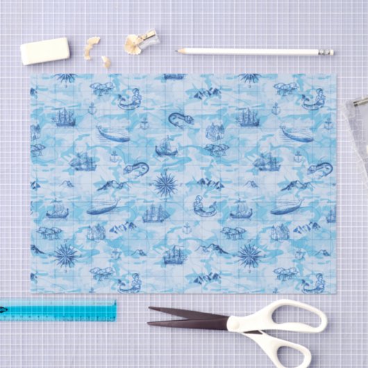 航海ので旧式な地図の海モンスターの船のいかりの青 薄葉紙 (クラフト)