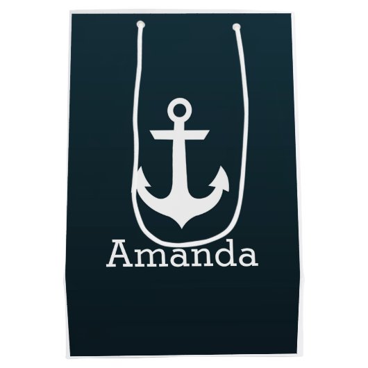 航海ので白いいかりの青くグラデーションでパーソナライズな名前 ミディアムペーパーバッグ (裏面)