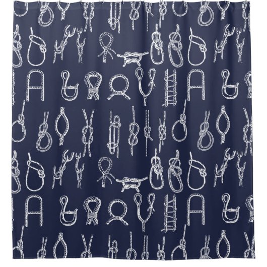 航海ので白いロープの結び目及び濃紺 シャワーカーテン (正面)