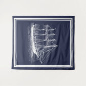 航海ので白いヴィンテージのスクーナー船及び濃紺 タペストリー (正面(横))