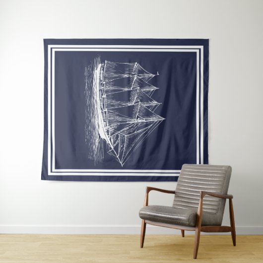 航海ので白いヴィンテージのスクーナー船及び濃紺 タペストリー (インサイチュ(横))