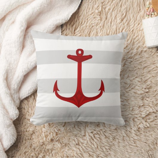 航海ので赤いいかりの灰色白のストライプ クッション (ブランケット)