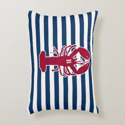 航海ので赤いロブスターのモノグラムの青い白のストライプ アクセントクッション (正面(垂直))