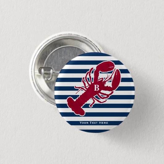 航海ので赤いロブスターのモノグラムの青い白のストライプ 缶バッジ (正面&裏面)