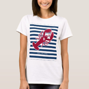 航海ので赤いロブスターのモノグラムの青い白のストライプ Tシャツ