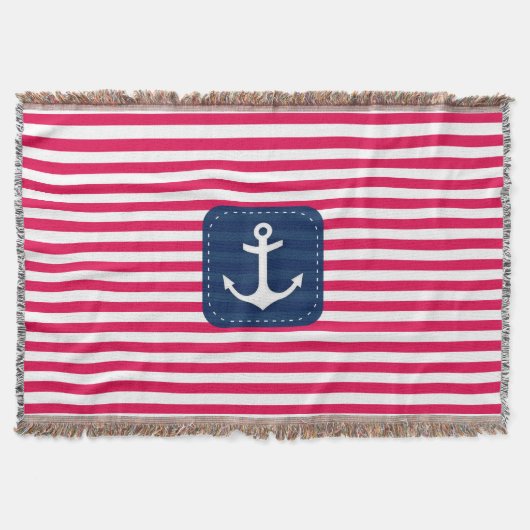 航海ので赤い白のストライプの濃紺の旗のいかり スローブランケット (正面)