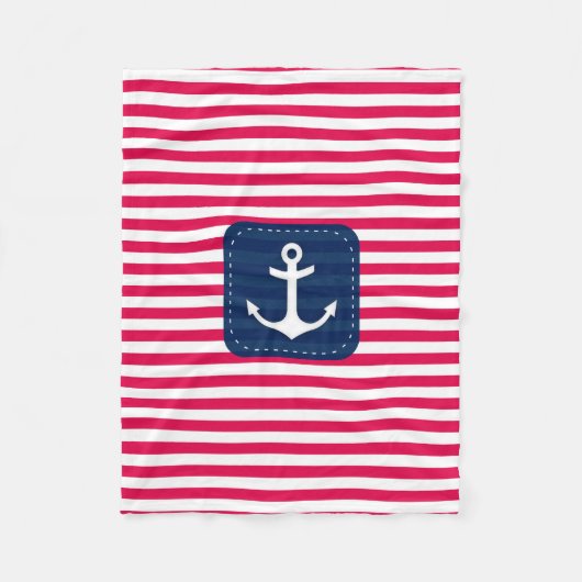 航海ので赤い白のストライプの濃紺の旗のいかり フリースブランケット (正面)