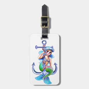 航海ので青いレトロの人魚の女性 ラゲッジタグ
