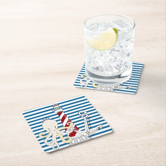 航海ので青および白いストリップの紙のコースター スクエアペーパーコースター (インサイチュ)