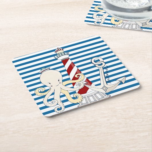 航海ので青および白いストリップの紙のコースター スクエアペーパーコースター (アングル)