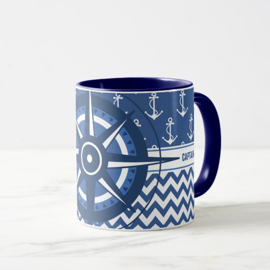 航海ので青および白人のシェブロンのカスタムの大尉 マグカップ (正面右)