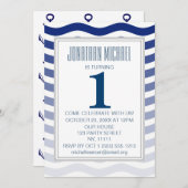 航海ので青くグラデーションな波のいかりの最初誕生日 招待状 (正面/裏面)